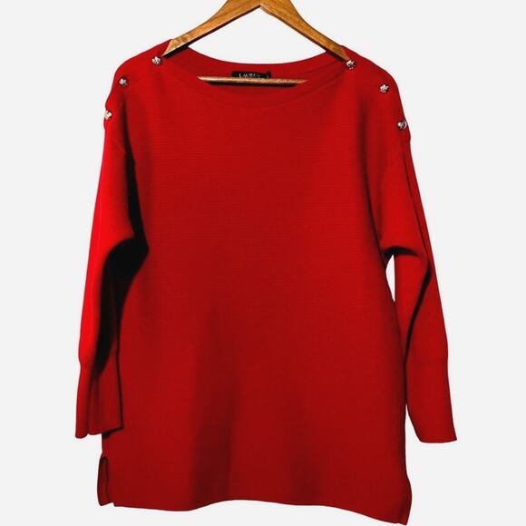 LAUREN RALPH LAUREN Ribbed Sweater Knit Pullover Boatneck Classic Red Size Large - Picture 1 of 9